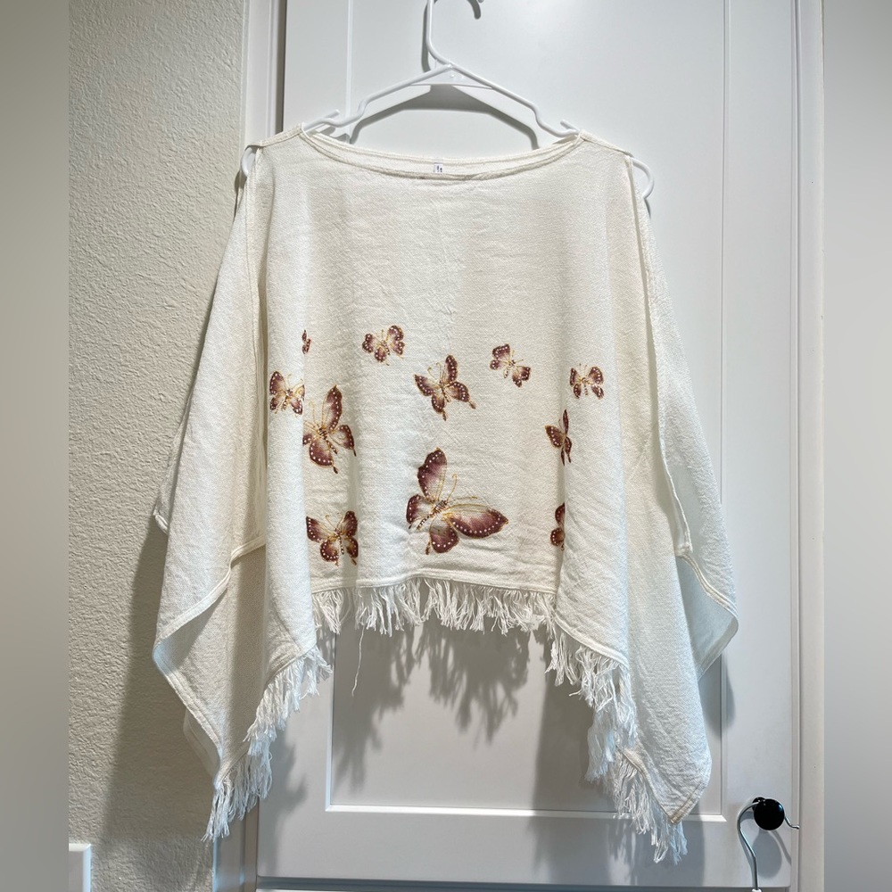 White women's shirt with sparkling butterfly pattern,open upper arms Thai fabric